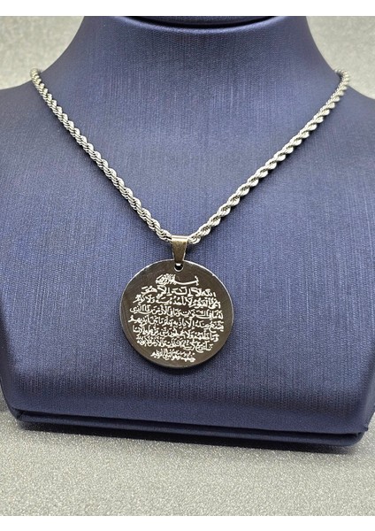 Ayetel Kürsi Yazılı Çelik Kolye Gümüş Renk