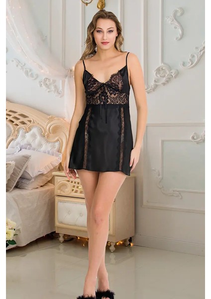 Lady Siyah Saten Gecelik Sabahlık Takım