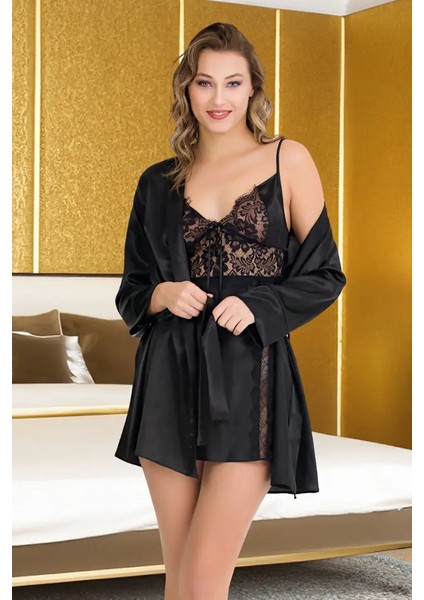 Lady Siyah Saten Gecelik Sabahlık Takım fırsatları