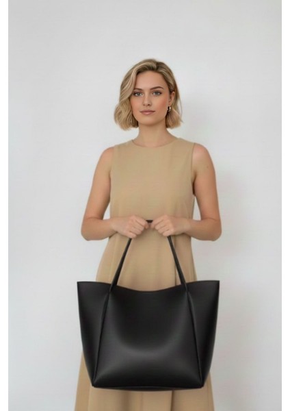 Kadın Siyah Büyük Boy Suni Deri Fermuarlı Boy El ve Omuz Çantası 40/35 cm fiyatları
