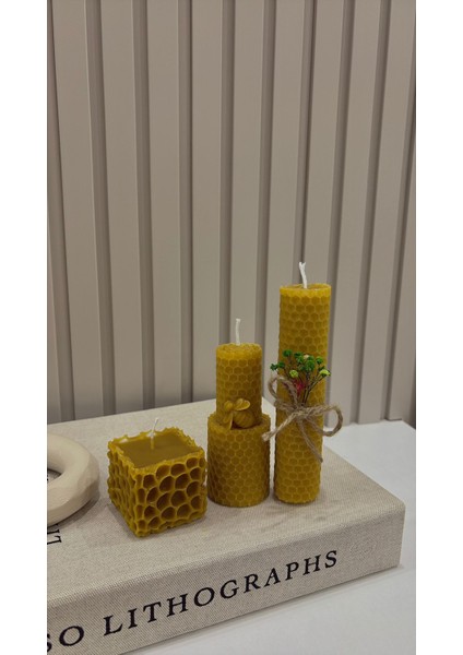 Doğal %100 Saf Bal Mumu Mum Seti – El Yapımı Petek Desenli (14 cm – 10 cm – 4 cm