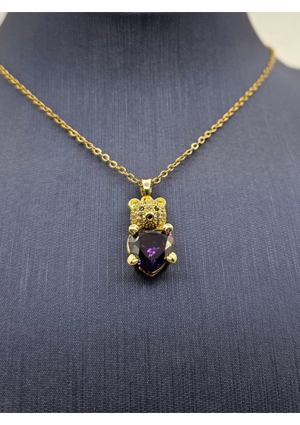 Altın Renk Ayıcıklı Mor Çelik Kolye
