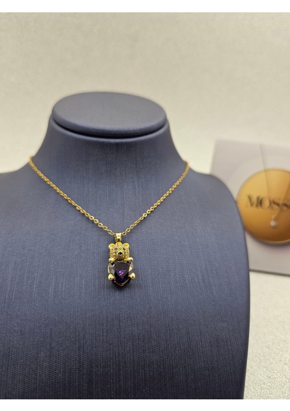 Altın Renk Ayıcıklı Mor Çelik Kolye fiyatları