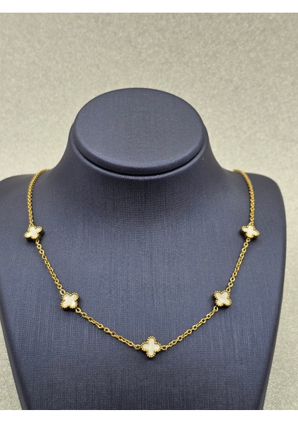 Beyaz Yonca Model Gold Renk Çelik Kolye Standart Boy fiyatları