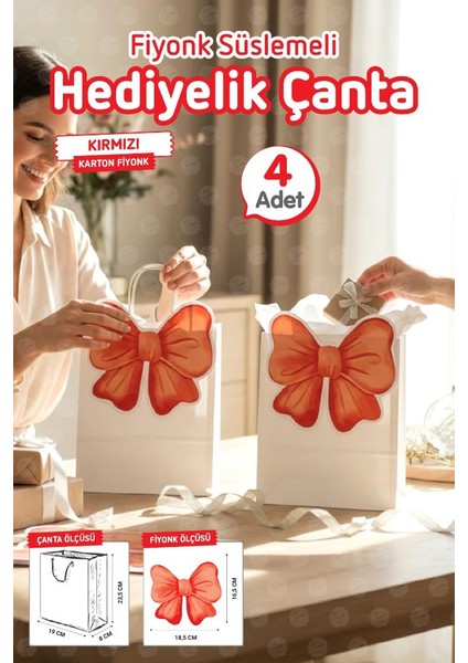 Burgu Saplı Karton Kurdeleli Çanta 4 Adet Hediye Paketi Çanta Poşet (Kırmızı)Doğum Günü, Düğün, Bebek PARTISI-T1540