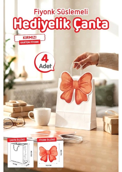 Burgu Saplı Karton Kurdeleli Çanta 4 Adet Hediye Paketi Çanta Poşet (Kırmızı)Doğum Günü, Düğün, Bebek PARTISI-T1540 fiyatları