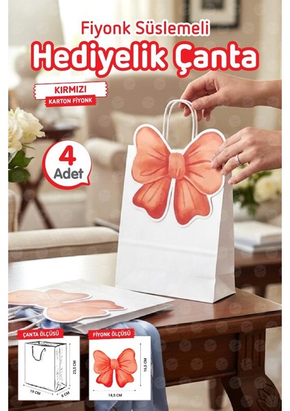 Burgu Saplı Karton Kurdeleli Çanta 4 Adet Hediye Paketi Çanta Poşet (Kırmızı)Doğum Günü, Düğün, Bebek PARTISI-T1540 modelleri