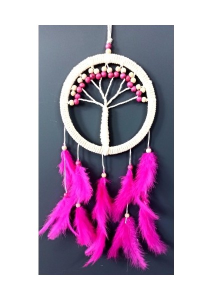 Fuşya Kuş Tüylü Hayat Ağacı Düş Kapanı Dream Catcher Duvar Süsü