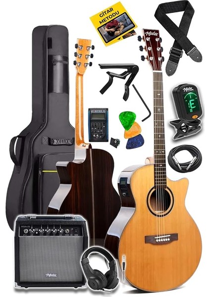 M501-EQ-AMP Profesyonel Masif Ağaç Amfili Elektro Akustik Gitar Seti Üst Segment