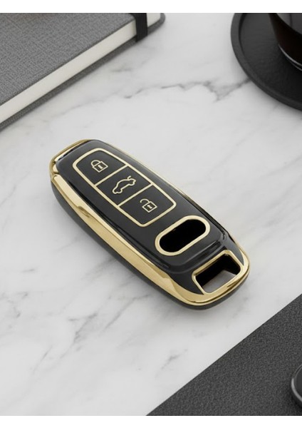 Audi Smart A4 A5 Q5 A6 A7 A8 Uyumlu 3 Buton Nano Silikon Kılıf Siyah-Gold