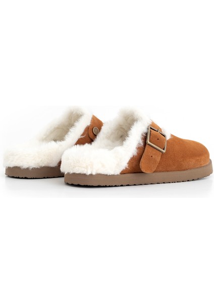 Lunela Hakiki Deri Kürklü Tokalı Kadın Sabo Terlik Taba Süet modelleri