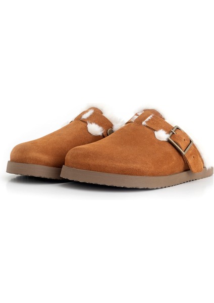 Lunela Hakiki Deri Kürklü Tokalı Kadın Sabo Terlik Taba Süet fırsatları