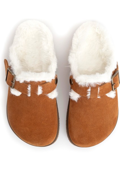 Lunela Hakiki Deri Kürklü Tokalı Kadın Sabo Terlik Taba Süet indirimleri
