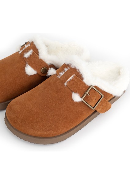 Lunela Hakiki Deri Kürklü Tokalı Kadın Sabo Terlik Taba Süet