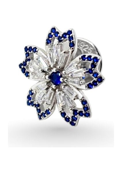 Lacivert Zirkon Taşlı Gümüş Çiçek Rozet Broş 1.8x1.8cm [TLCKCKYL09]