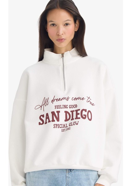 Oversize Geniş Kalıp Yarım Fermuarlı Baskılı Kalın Sweatshirt G5665AX25CW