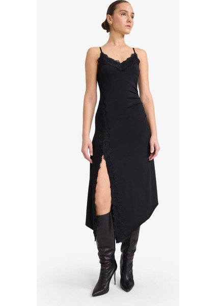 Yılbaşı Temalı A Kesim V Yaka Yırtmaçlı Askılı Midi Elbise G5941AX25WN