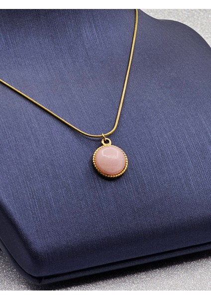 Pembe Taşlı Gold Kenarlı Çelik Kolye