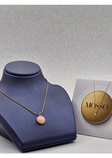 Pembe Taşlı Gold Kenarlı Çelik Kolye modelleri