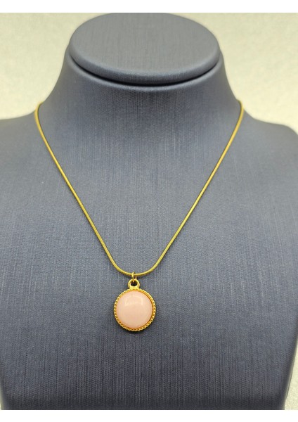 Pembe Taşlı Gold Kenarlı Çelik Kolye fırsatları