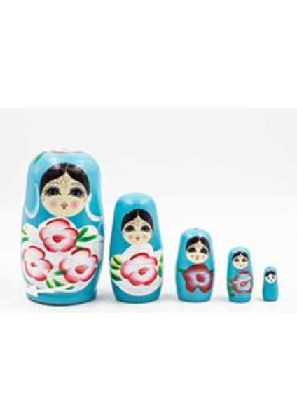Mavi Ahşap 5'li Matruşka Bebek Seti, Eğlenceli ve Renkli Dekorasyon Parçası
