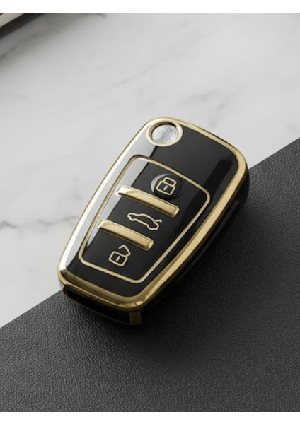 Audi A1 A3 A4 A5 B6 B7 B8 A6 A7 C5 C6 4f Q3 Q5 Q7 Tt 3 Buton Nano Anahtar Kılıfı Siyah-Gold