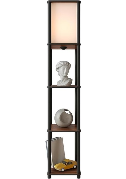 Raflı Lambader Ceviz Renkli | Modern Ahşap Gövdeli 3 Katlı Raflı Ayaklı Lamba | Dekoratif Salon Yatak Odası Işıklandırma | Kitaplık ve Aydınlatma Bir Arada | E27 Duy Uyumlu Şık Tasarım Lambader