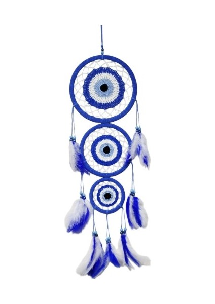 Nazar Motifli Üç Çemberli Kuş Tüylü Mavi Duvar Süsü