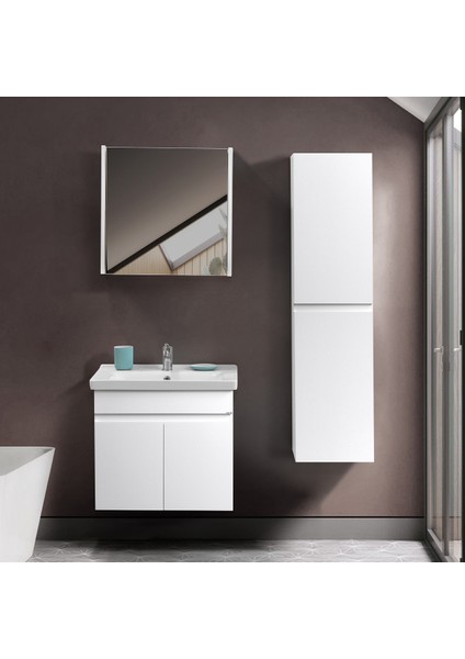 Venna 65 cm Beyaz %100 Mdf Lavabolu Banyo Dolabı, Aynalı Üst Dolap ve Boy Dolabı