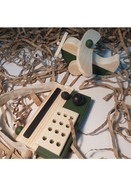 Yeşil Ahşap Bebek Radyo ve Uçak Oyuncak Seti, Montessori Eğitici Hediye