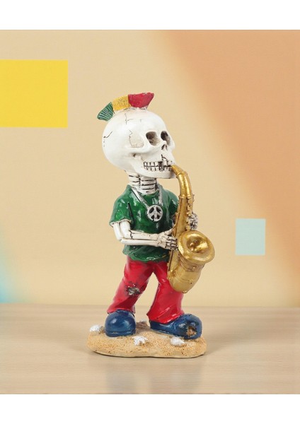 Gotik Tasarım Kurukafa Saksafoncu Müzisyen Heykel Masaüstü Biblo 19 Cm. – Yeni Yıl Ofis Ev Hediyesi