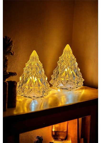 2'li Kristal LED Çam Ağacı Mum Alevli Yapay Mum Pilli Yılbaşı Buzdağı LED Işık Abajur