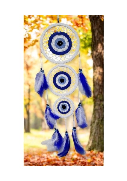 Nazar Motifli Üç Çemberli Kuş Tüylü Beyaz Duvar Süsü modelleri