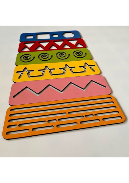 6 Renkli Ahşap Çizgi ve Şekil Seti, El Kası Geliştirme ve Montessori Oyuncağı