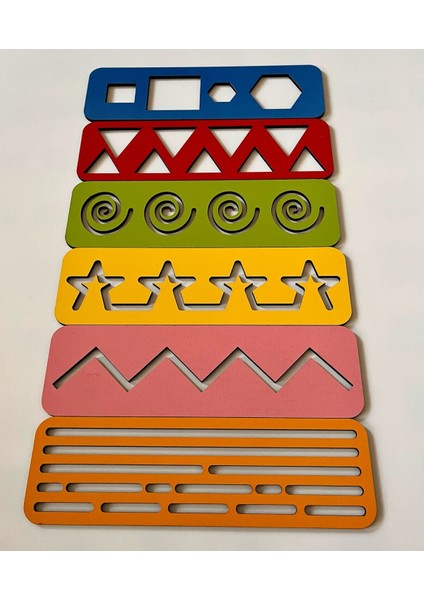 6 Renkli Ahşap Çizgi ve Şekil Seti, El Kası Geliştirme ve Montessori Oyuncağı fiyatları