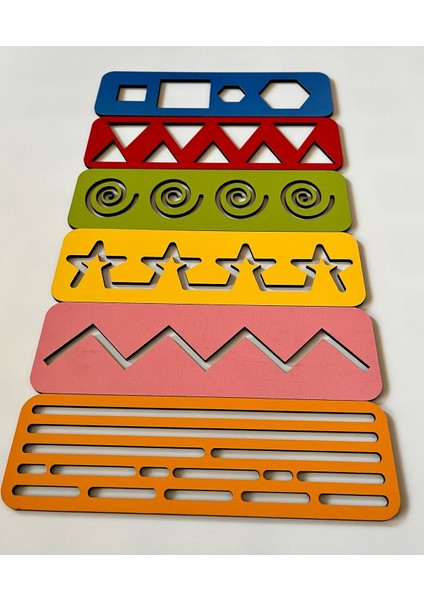 6 Renkli Ahşap Çizgi ve Şekil Seti, El Kası Geliştirme ve Montessori Oyuncağı modelleri