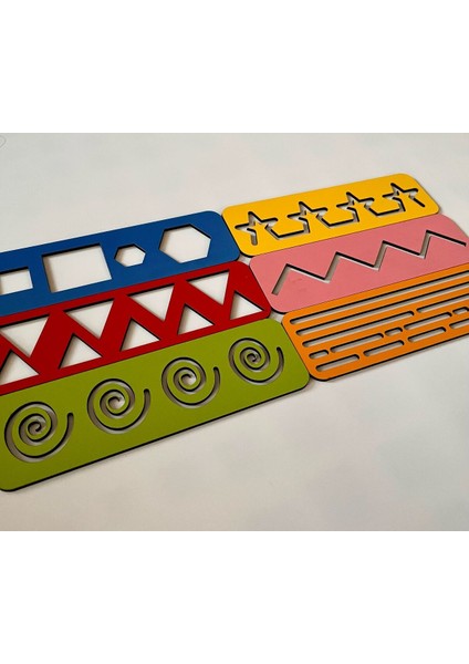 6 Renkli Ahşap Çizgi ve Şekil Seti, El Kası Geliştirme ve Montessori Oyuncağı