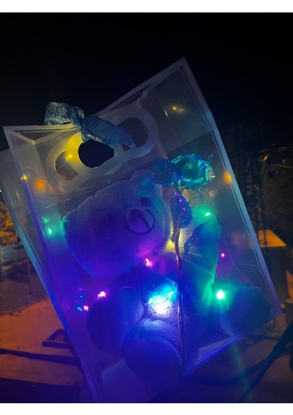 Sonsuzluk Gülü Tutan Ledli Mavi Peluş Ayıcık