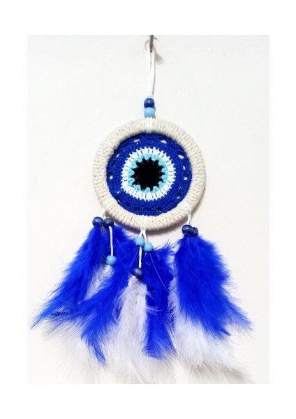 Saks Mavisi Kuş Tüylü Nazar Boncuğu Motifli El Yapımı Duvar Süsü fiyatları