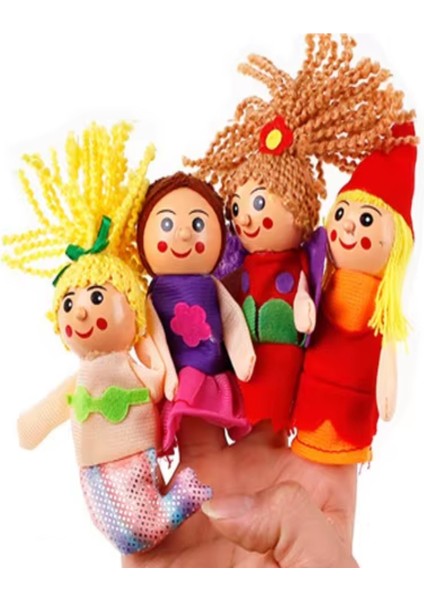 Renkli 4lü Ahşap Parmak Kukla Seti, Çocuklar Için Masal ve Zeka Gelişim Oyunu