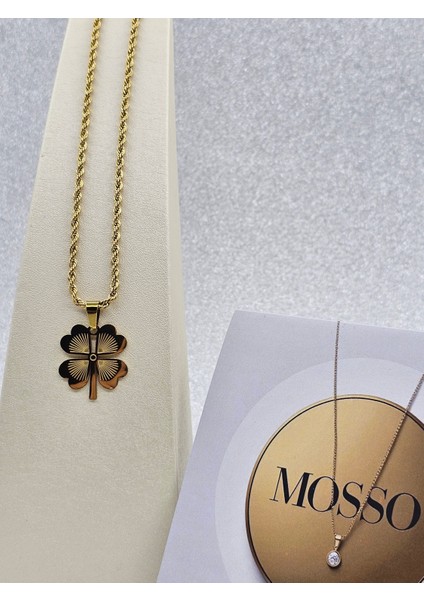 4 Yapraklı Yonca Kalın Zincirli Gold Renk Çelik Kolye modelleri