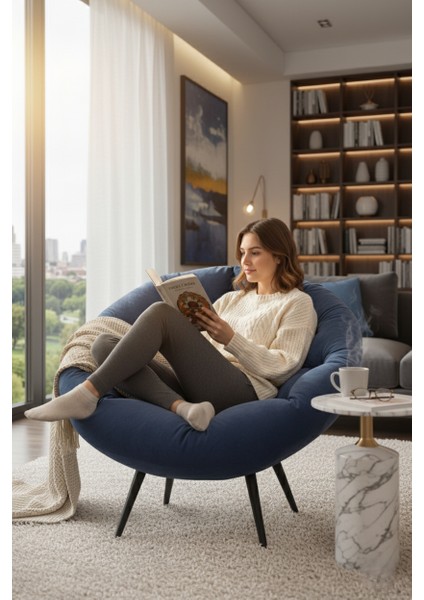 Geniş Oturma Alanlı Tekli Berjer Koltuk | Ergonomik Tv Koltuğu, Kitap Okuma Sandalyesi ve Dinlenme Koltuğu - Lacivert