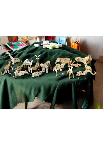 Turuncu 4 Parçalı Ahşap Hayvan Maket Seti, Boyanabilir, Öğretici ve Eğlenceli