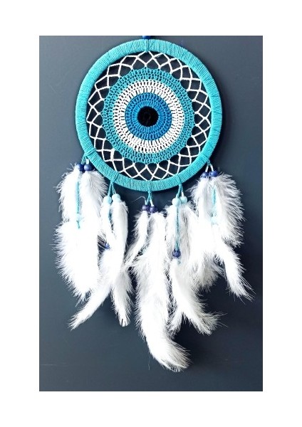 Nazar Boncuğu Motifli Turkuaz Rengi Dream Catcher Beyaz Kuş Tüylü Düş Kapanı Duvar Süsü modelleri