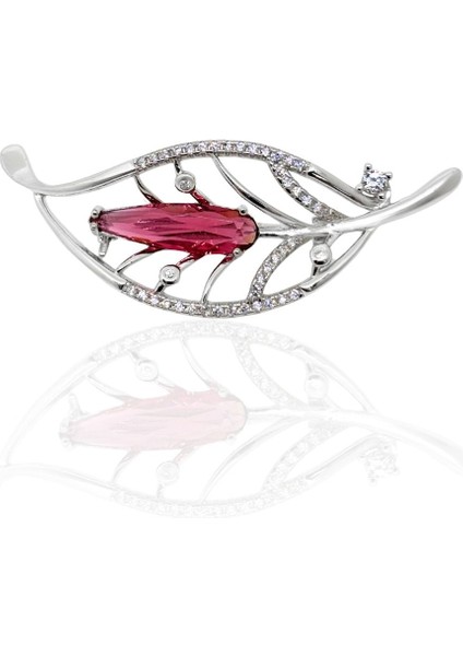 Pembe Zirkon Taşlı Yaprak Gümüş Broş 4.9x1.7cm [OYA-BR-001]