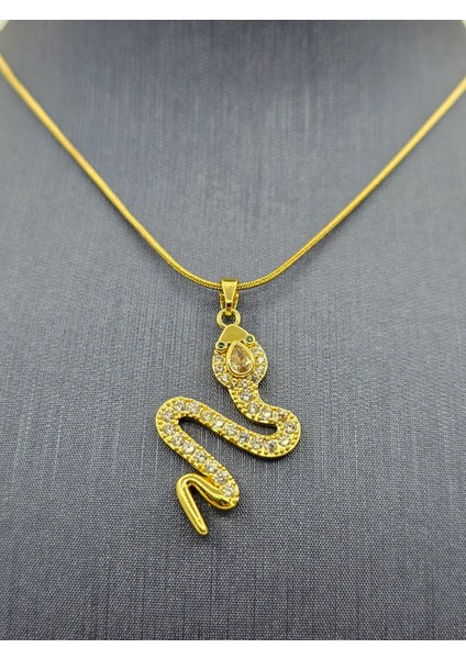 Yılan Model Gold Renk Zirkon Taşlı Çelik Kolye fırsatları