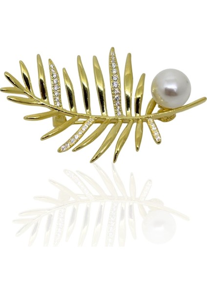 Incili Taşlı 24K Altın Kaplama Gümüş Yaprak Broş 4.9x2.7cm [oya-Br-5]