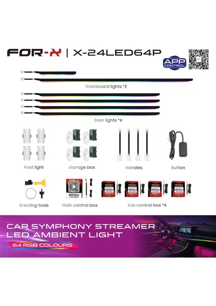 X24LED64-18 Işık-64 Rgb Renk-Müziğe Duyarlı-Düğme ve Telefondan Kontrol-Araç Içi Ambiyans LED fiyatları