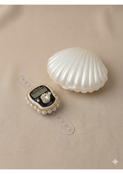 Istridye Hediyelik (Mevlid Çeyizlik Hac Umre) Sesli LED Işıklı Kutulu Taşlı Süslü Zikirmatik - Beyaz Renk 1 Adet