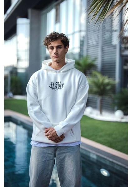 Üç Iplik Penye Kapşonlu Baskılı Sweatshirt - Beyaz